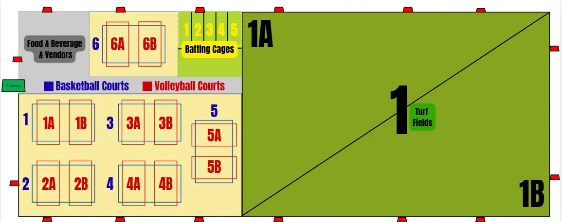 Scheels Sports Park's indoor court map showing volleyball courts and basketball courts